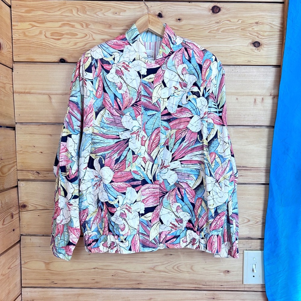Vintage Marcia Floral Bomber Jacket Made in USA Pink Blue Tropical Lily Small